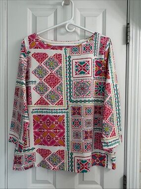 Talbots Pink Tile-Print 3/4 Sleeve Boatneck Cotton Spandex Top